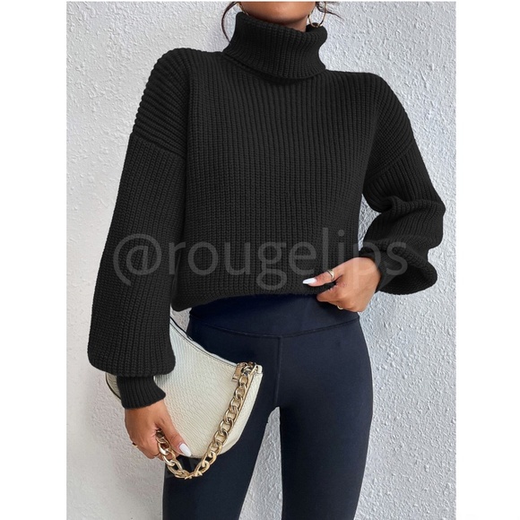 Black Turtleneck Knit Pullover Sweater Long Sleeve - Picture 6 of 8